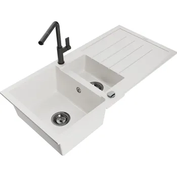 Granitový dřez Mexen Andres 1,5 granit dřez s odkapem a baterií Flora, bílá 6515-20-670401-70-B