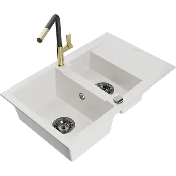 Granitový dřez Mexen Gaspar granitový dřez 1,5-komorový s odkapávačem a kuchyňskou baterií Flora, bílý - 6507-20-670401-57-B Granitové dřezy s baterií