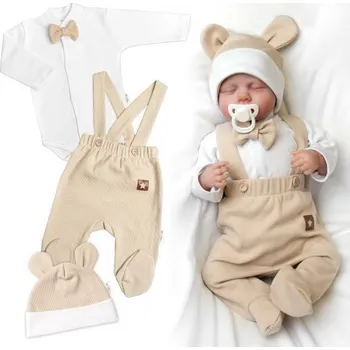 Dětská móda Baby Nellys Bavlněná souprava Gentleman body, polodupačky s láclem a čepička béžová/bílá Vel. 68