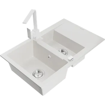 Granitový dřez Mexen Gaspar granitový dřez 1,5-komorový s odkapávačem a kuchyňskou baterií Rita, bílý - 6507-20-670300-20 Granitové dřezy s baterií