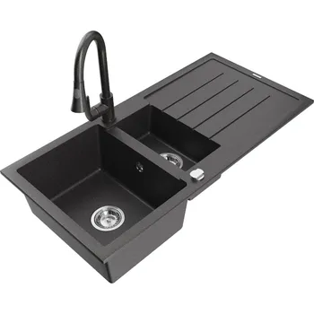 Granitový dřez Mexen Andres 1,5 granit dřez s odkapem a baterií Elia, černá 6515-76-670101-76