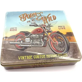 Dóza na potraviny BORN TO BE WILD hnědá retro plechová dóza 7356 vintage motorka na silnici