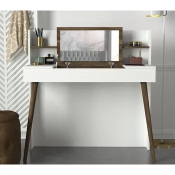Psací stůl Toaletní stolek s panelem a zrcadlem CAMUS bílá/ořech