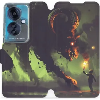 Pouzdro na mobilní telefon Flipové pouzdro Mobiwear - OPPO Reno 11 F 5G - VA08P Příšera a kluk s pochodní (Knížkové flip pouzdro, obal, kryt na mobil OPPO Reno 11 F 5G - VA08P Příšera a kluk s pochodní, materiál Umělá kůže + TPU - ochrana 360°, stojánek, silikonová vanička,)