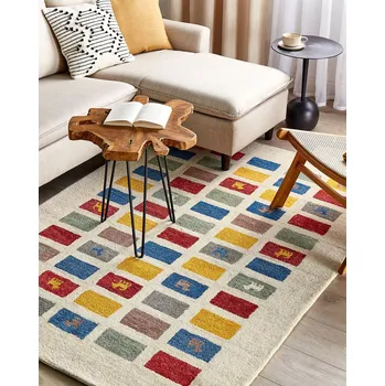 Koberec Koberec gabbeh vícebarevný vlněný 140 x 200 cm hrubý s hustým vlasem etnický rustikální vzor venkovský styl Beliani