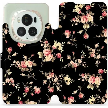 Pouzdro na mobilní telefon Flipové pouzdro Mobiwear - Honor Magic6 Pro - VD02S Květy na černé (Knížkové flip pouzdro, obal, kryt na mobil Honor Magic6 Pro - VD02S Květy na černé, materiál Umělá kůže + TPU - ochrana 360°, stojánek, silikonová vanička, magnetické zavírání)