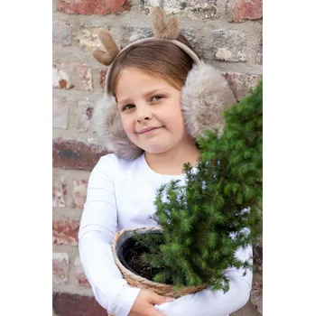 Čepice Béžové chlupaté dětské klapky na uši se sobími rohy