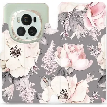 Pouzdro na mobilní telefon Flipové pouzdro Mobiwear - Honor Magic6 Pro - MX06S Květy na šedém pozadí (Knížkové flip pouzdro, obal, kryt na mobil Honor Magic6 Pro - MX06S Květy na šedém pozadí, materiál Umělá kůže + TPU - ochrana 360°, stojánek, silikonová vanička, magnetické zavírá
