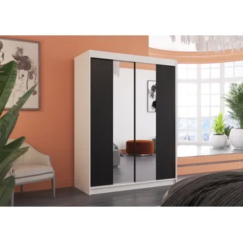 Šatní skříň Skříň s posuvnými dveřmi a zrcadlem 150 cm - Marvin Barva: Bílá/Černá