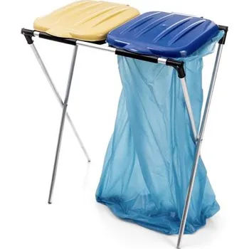 Venkovní odpadkový koš Dvoj-stojan na pytel s plastovými víky – modro-žlutý