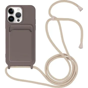 Pouzdro na mobilní telefon Silikonový kryt se šňůrkou a kapsou na karty pro iPhone 14 Pro - tmavě hnědý