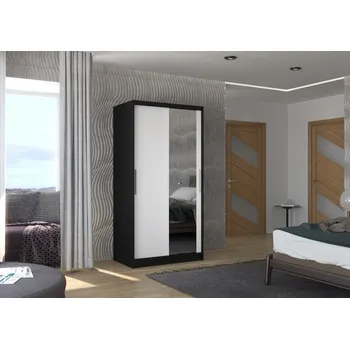 Šatní skříň Skříň s posuvnými dveřmi a zrcadlem 100 cm - Bario Barva: Černá/Bílá