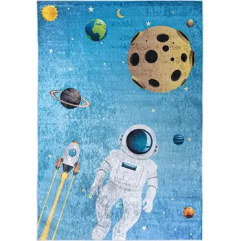 Koberec Makro Abra Dětský kusový koberec vhodný k praní BAMBINO 2697 Kosmonaut Vesmír Raketa protiskluzový modrý Rozměr: 140x200 cm