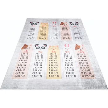 Koberec Makro Abra Dětský kusový koberec vhodný k praní BAMBINO 2162 Násobilka Zvířátka Pro školáky protiskluzový krémový Rozměr: 80x150 cm