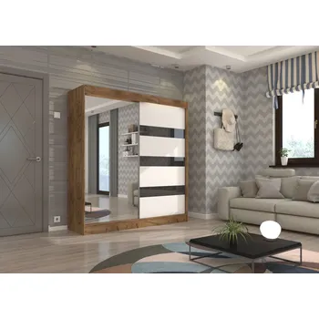 Šatní skříň Skříň s posuvnými dveřmi a zrcadlem 200 cm - Toura Barva: dub Craft/bílá + Černý Lacobel