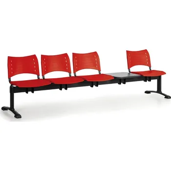 Plastová lavice do čekáren VISIO, 4-sedák, se stolkem, červená, černé nohy