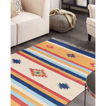 Koberec Kelimový koberec vícebarevná bavlna 140 x 200 cm ručně tkaný oboustranný geometrický vzor se střapci tradiční boho styl Beliani
