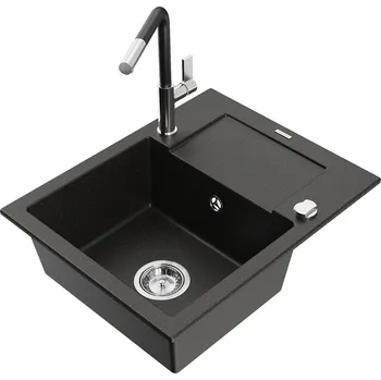 Granitový dřez MEXEN/S - Enzo granitový dřez 1-miska s odkapávačem včetně baterie Flora, černá/zlatá metalik 6506-75-670401-07