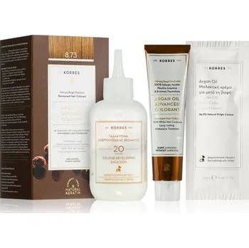 Barva na vlasy Korres Argan Oil permanentní barva na vlasy s arganovým olejem odstín 8.73 Golden Caramel 50 ml
