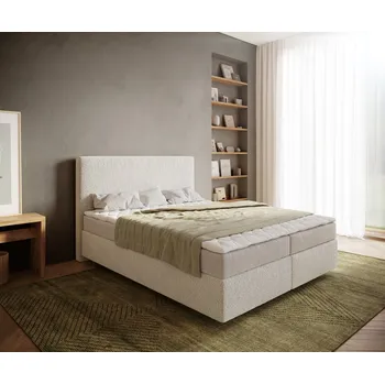 Postel DELIFE Boxspring postel Dream-Well 160x200 cm bouclé krémovo-bílá s matrací a topperem