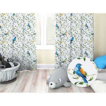 ubrus Dětský bavlněný závěs Sandra SA-501 Modří ptáčci a větvičky na bílém 150x140 cm