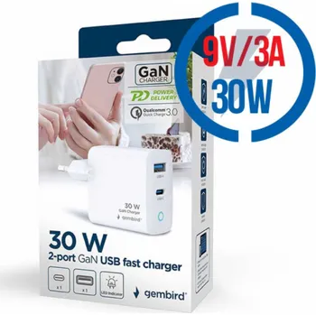 Gembird 2 Port 30W GaN USB Rychlá nabíječka LED bílá LED Weiß TA-UC-PDQC30L-W-01