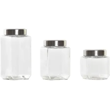 Kuchyňský gril Sada 3 dóz na potraviny DKD Home Decor Nerezová ocel Sklo Stříbrná Transparentní (500 ml; 750 ml; 1l)