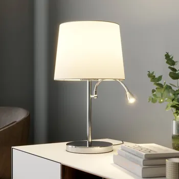 Lampička Stolní lampa Lindby Benjiro, bílá, textilní, lampa na čtení, 52 cm - Stínítko - Ø nahoře 25 cm, Ø dole 30 cm; podstavec - Ø 20 cm, výška 3 cm; Ø čtecího světla 3 cm; délka kabelu 150 cm bílá, chrom 1 x 60 W E27 (bez) + 1 x 3 W LED (včetně) - Doprava zdarm