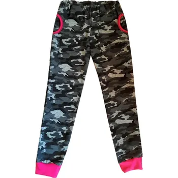 Betty Mode (ušito v ČR) Dívčí bavlněné tepláky šedý maskáč s růžovou