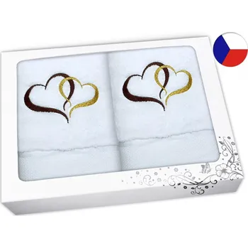 Ručník Dárková sada BÍLÁ ručník + osuška s výšivkou Srdce hnědá/zlatá
