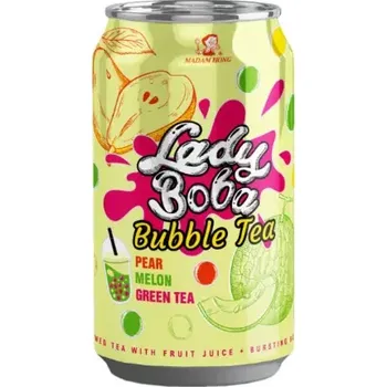 Limonáda Lady Boba Bubble Tea nápoj s hruškou, melounem a zeleným čajem 320 ml (Nealkoholický nesycený nápoj Lady Boba s příchutí melounu, hrušky a zeleného čaje 320 ml)