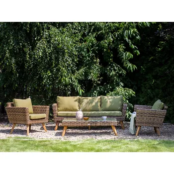 Zahradní sestava Sedací souprava terasa tmavý umělý ratan 3místná 2 křesla olivová zelená polštáře Konferenční stolek zahrada venkovský styl Beliani