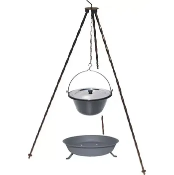 Kempingové nádobí Trojnožka 1,25 m kotlík smalt s poklicí nerez 13 l ohniště (souprava trojnožka ocelová 1,25 m + gulášový kotlík smalt 13 L s nerezovou poklicí a ohniště)