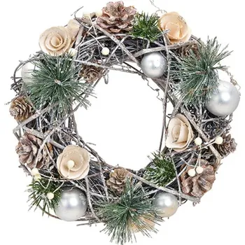 Vánoční dekorace Vánoční umělý věnec 24 x 24 x 8 cm nazdobený stříbrný