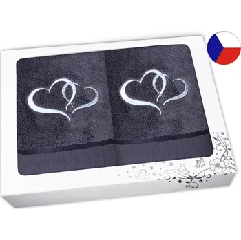 Ručník Dárková sada ANTRACIT ručník + osuška s výšivkou Srdce bílá/stříbrná