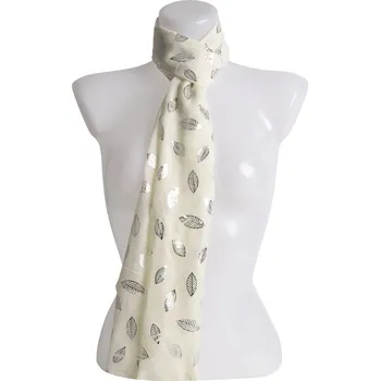 Šála Dámský lehký obdélníkový šál se stříbrným potiskem lístků, žluté barvy 7200729-7