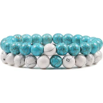 Náramek Párové náramky set 2 ks z broušených kamenů - bílý Howlit a Tyrkys