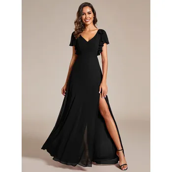 Dámské šaty Šifonové šaty pro družičku s volánovými rukávy s mašlí Barva: Černá, Velikost: S