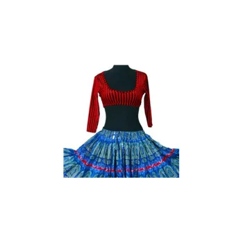 Pruhovaný sametový taneční Tribal Gypsy Top z Pákistánu Sytě červená M