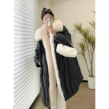 Dámská parka Dlouhá bunda 90 husí peří + pravá liščí kožešina Barva: Černá, Velikost: M