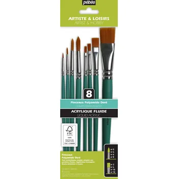 Umělecký štětec Pébéo Sada 8 ks krátkých plochých a kulatých štětců, zlatý taklon