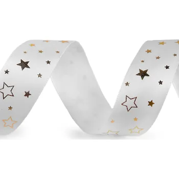 Vánoční saténová stuha hvězdy šíře 25 mm, barva 5 bílá zlatá