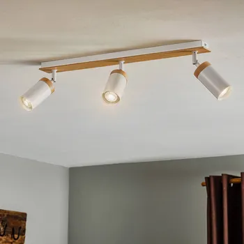 Lampička EMIBIG LIGHTING Stropní bodové osvětlení Elba s dřevěnými detaily, tříramenné, bílé bílá, světlé dřevo 3 x 30 W - Doprava zdarma