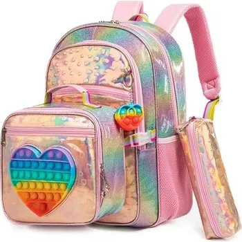 Dětský batoh Jasmine Dívčí školní batoh set 3v1 Srdíčko Popit Holografický 24L DANIVIVI D2476