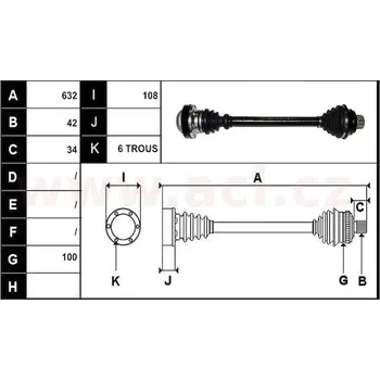 zadní poloosa AVORD délka 632mm, 42 drážek u kola, 6 šroubů u diferenciálu AUT+MAN př. A6/M6/R7, bez ABS kroužku, L=P, repasova