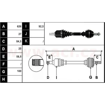 přední poloosa AVORD délka 626mm, 27 drážek u kola, 25 u převodovky MAN, bez ABS kroužku L, repasovaný originál (+vratná část 5