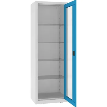 Kovová skříň s prosklenými dveřmi, kovové police, jednokřídlé dveře, š x h x v: 600x435x1800 mm, barva dveří modrá RAL5012