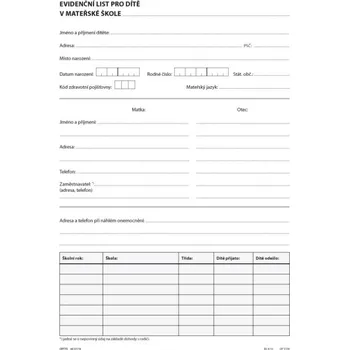 Tiskopis Evidenční list pro dítě v MŠ, karta A4