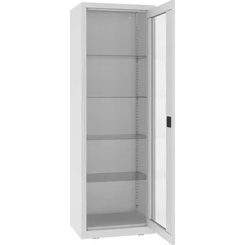 Kovová skříň s prosklenými dveřmi, kovové police, jednokřídlé dveře, š x h x v: 600x435x1800 mm, barva šedá RAL7035