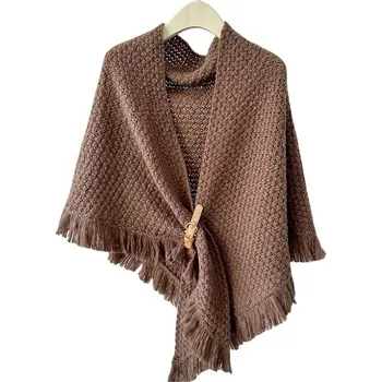 Šála Zimní pletený šál s koženou sponou | elegantní teplý šátek - káva